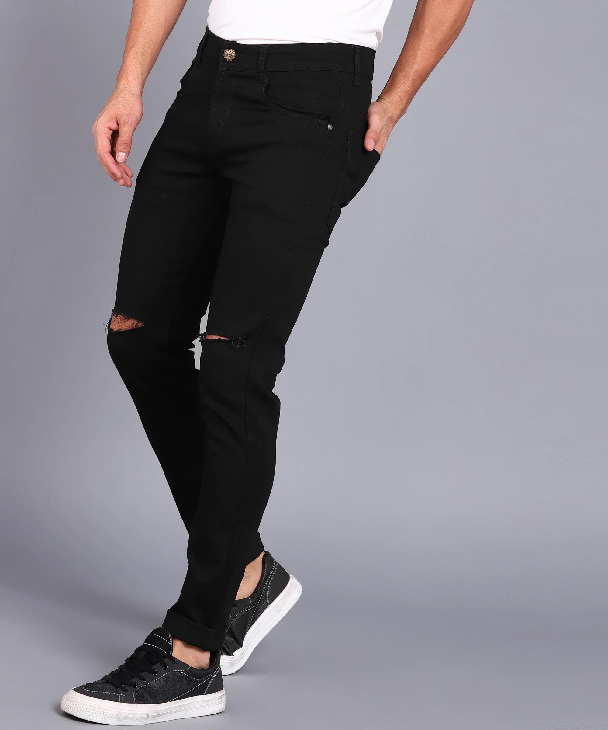 Men's Black Slim Fit Knee Slit Stretchable Jeans - Image 2
