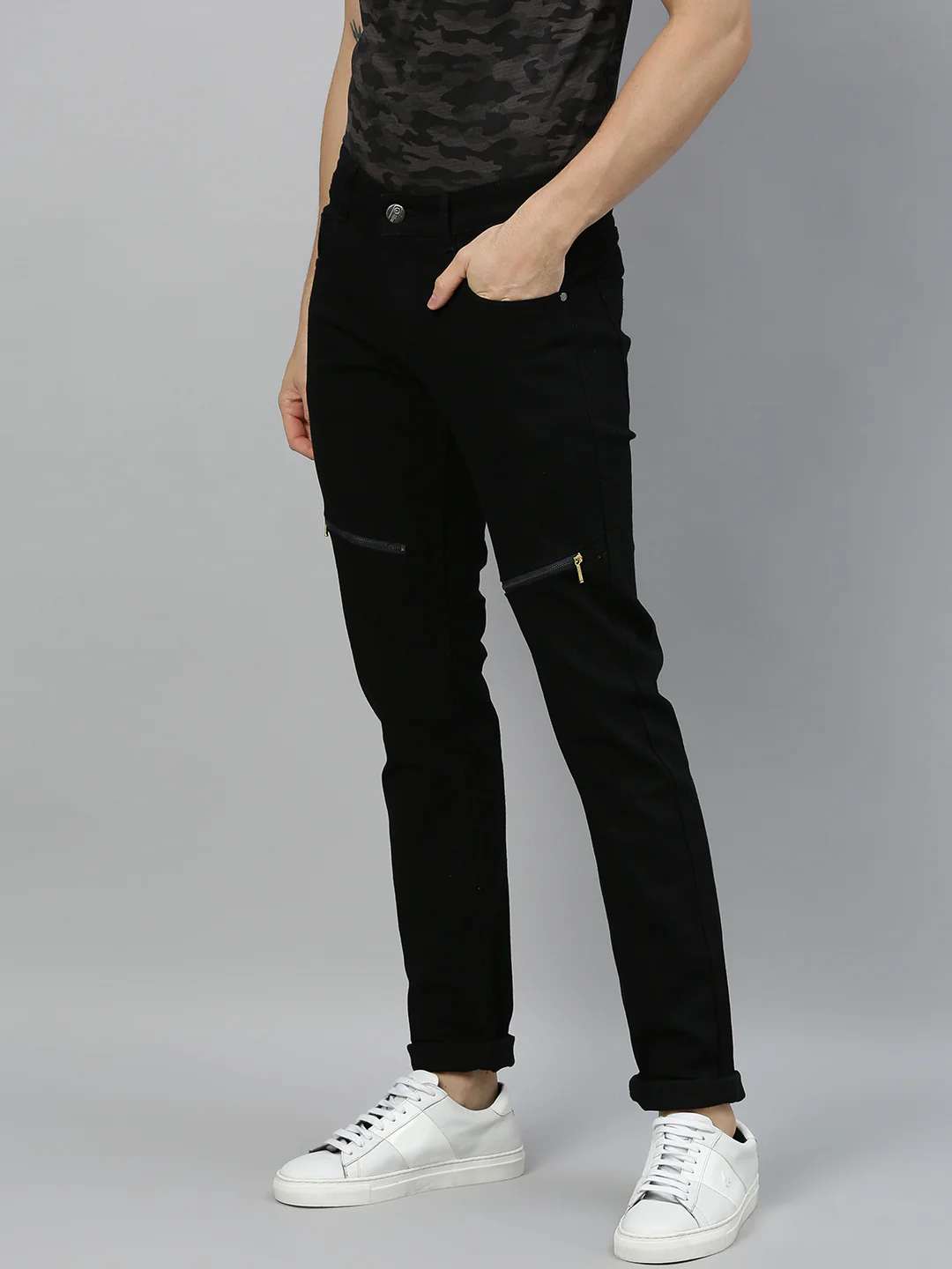 Men's Black Slim Fit Stretch Zippered Jeans - Image 2