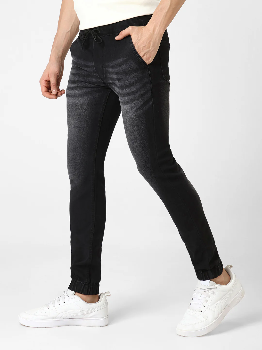 Men's Black Slim Fit Washed Jogger Jeans Stretchable - Image 2