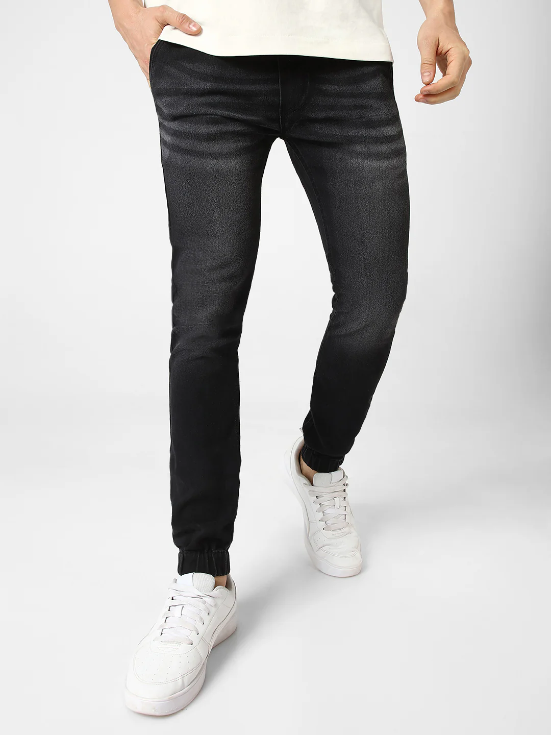 Men's Black Slim Fit Washed Jogger Jeans Stretchable - Image 3