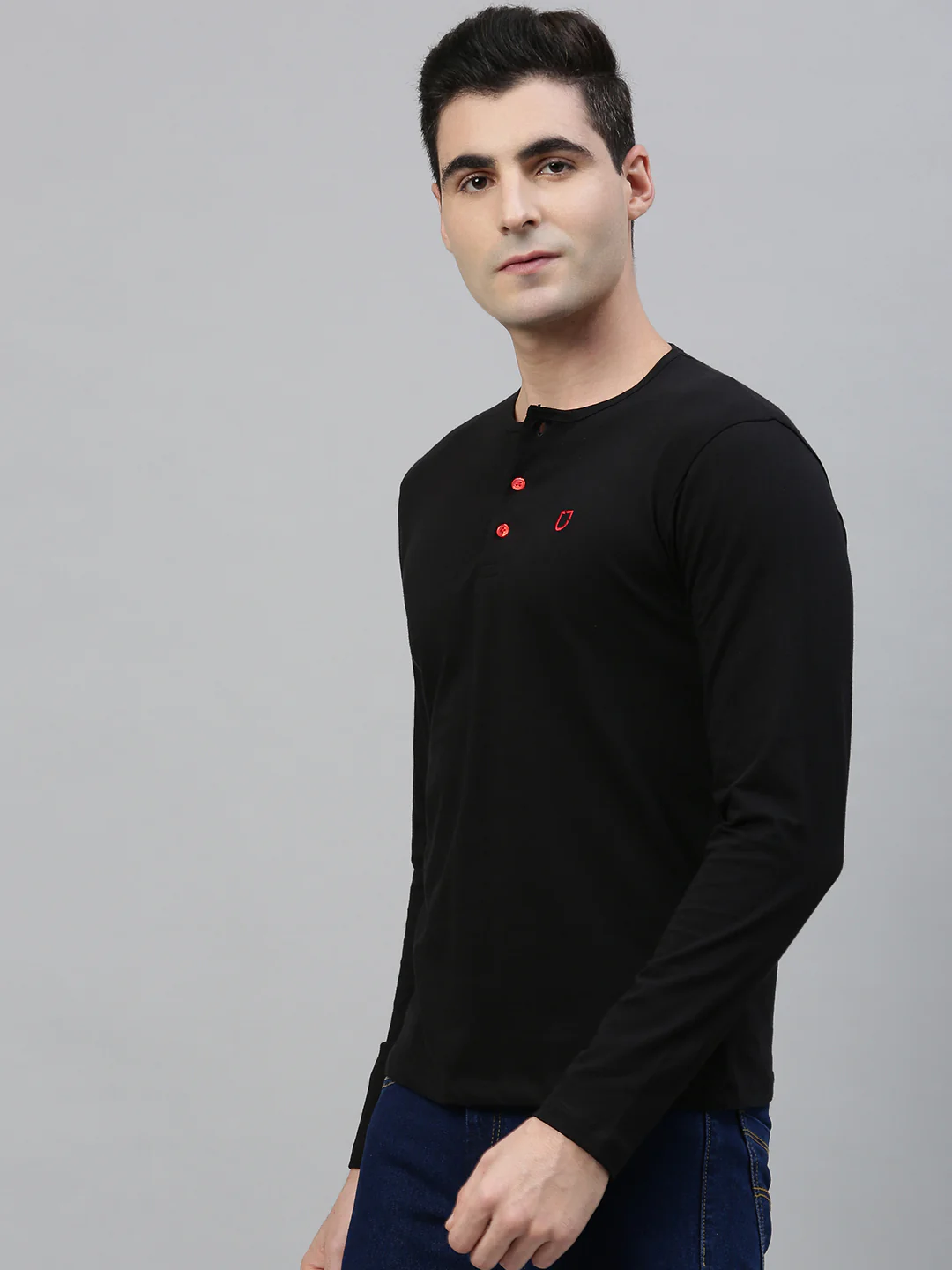 Men's Black Solid Henley Neck Slim Fit Cotton T-Shirt - Image 2