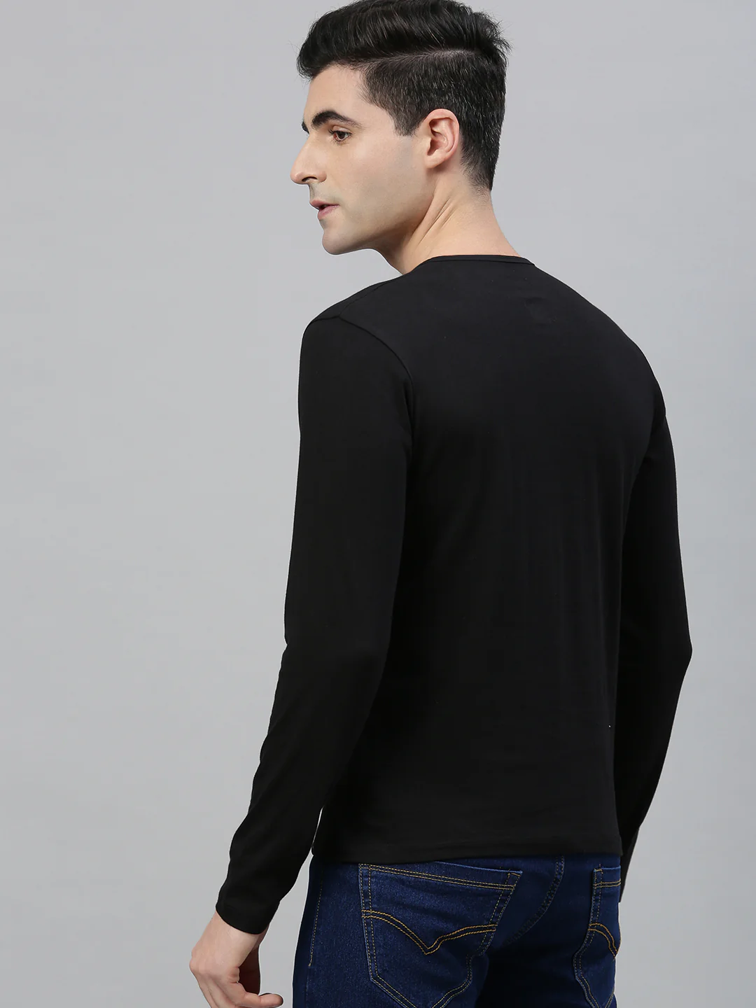 Men's Black Solid Henley Neck Slim Fit Cotton T-Shirt - Image 3