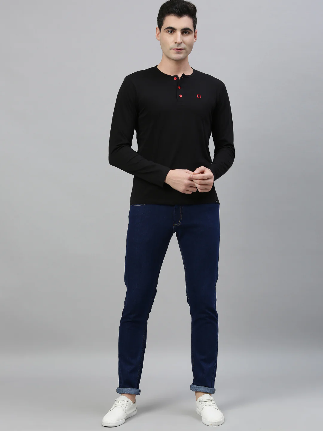 Men's Black Solid Henley Neck Slim Fit Cotton T-Shirt - Image 4