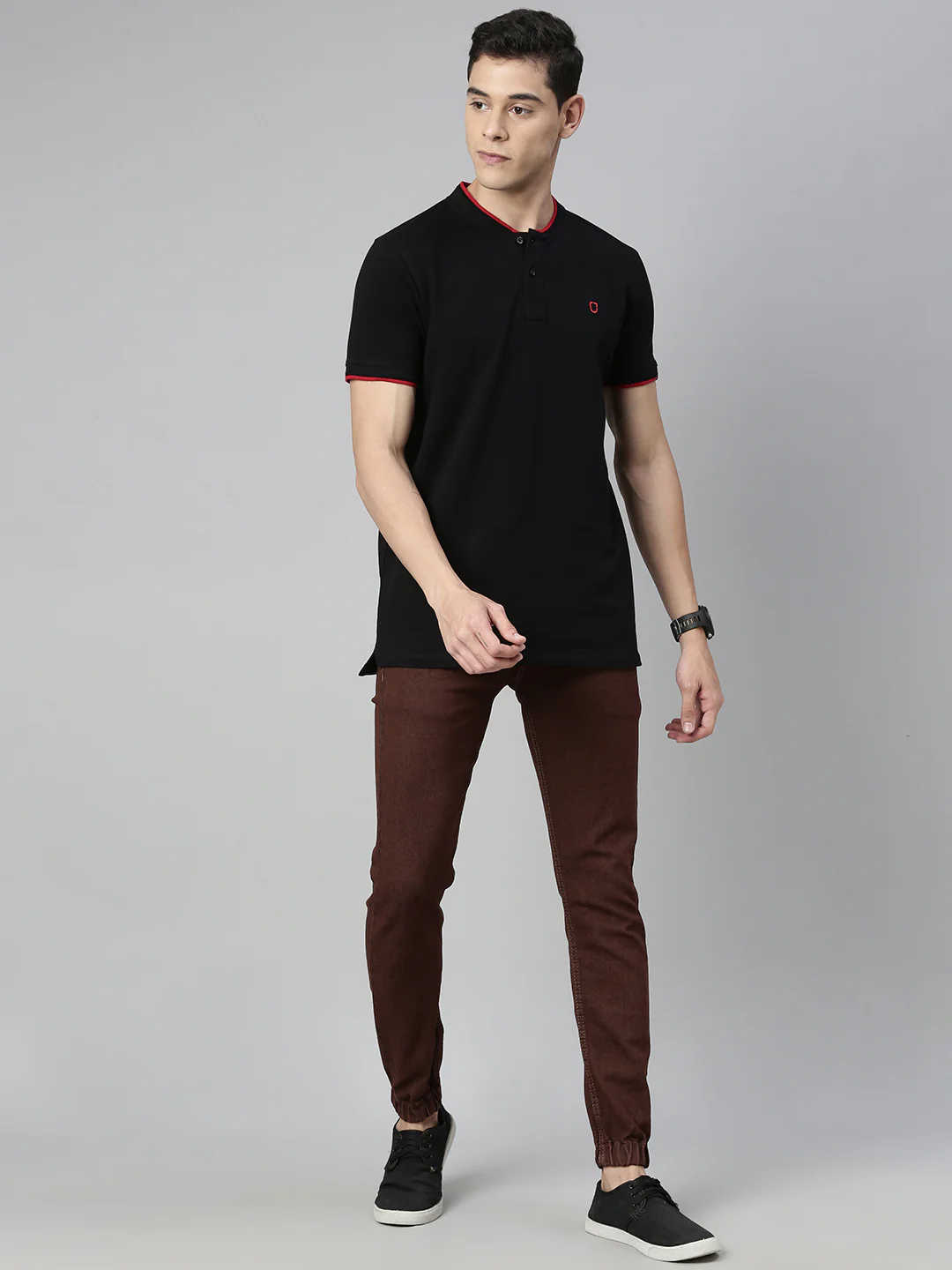 Men's Black Solid Mandarin Collar Slim Fit Cotton Polo T-Shirt - Image 3