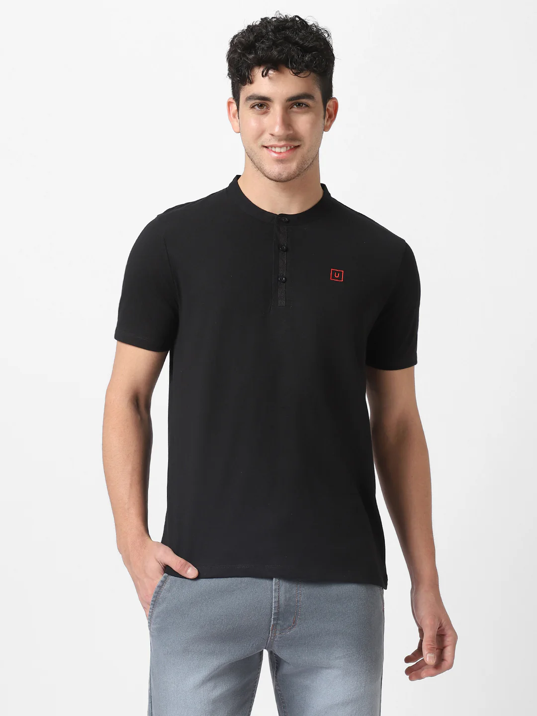 Men's Black Solid Mandarin Collar Slim Fit Cotton T-Shirt - Image 2