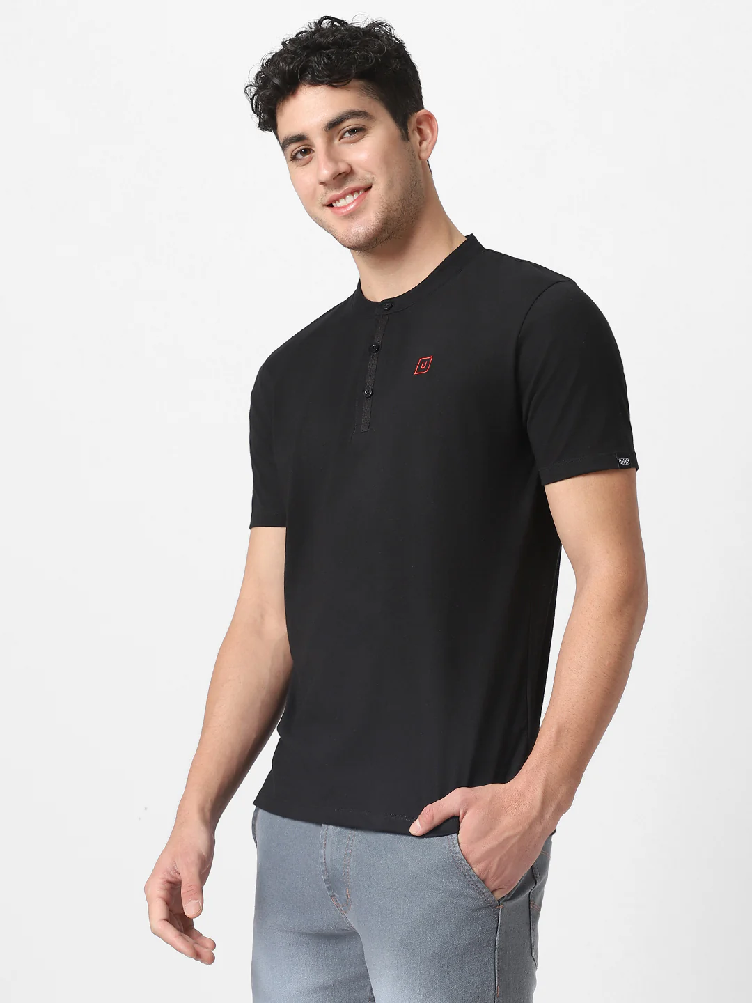 Men's Black Solid Mandarin Collar Slim Fit Cotton T-Shirt - Image 3