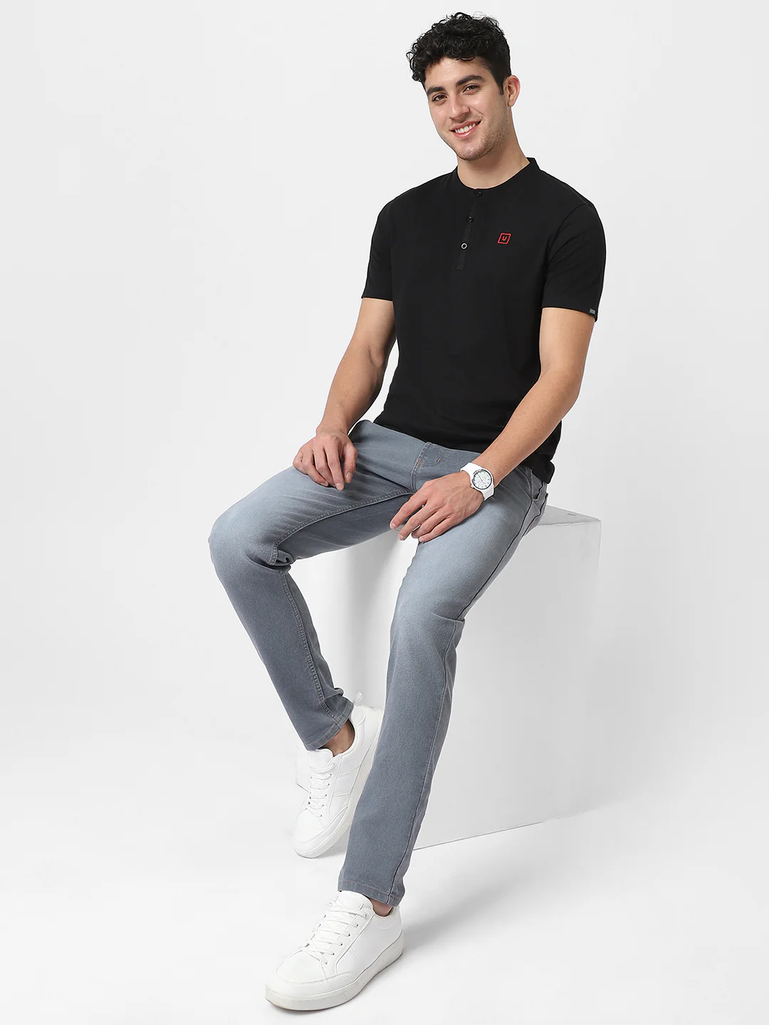 Men's Black Solid Mandarin Collar Slim Fit Cotton T-Shirt - Image 5