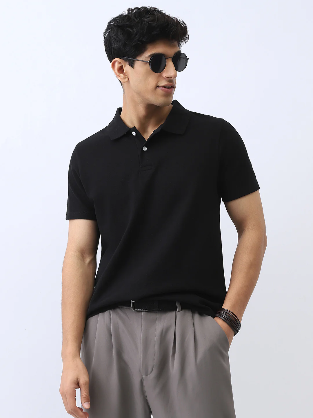 Men's Black Solid Regular Fit Half Sleeve Cotton Polo T-Shirt - Image 2