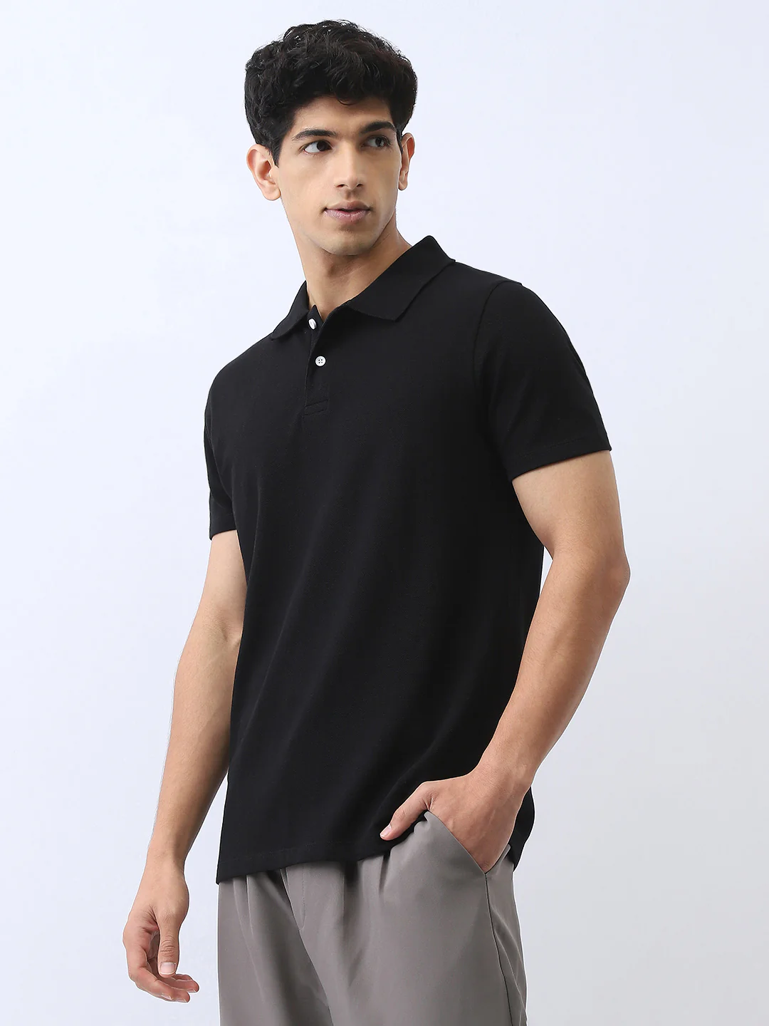 Men's Black Solid Regular Fit Half Sleeve Cotton Polo T-Shirt - Image 3