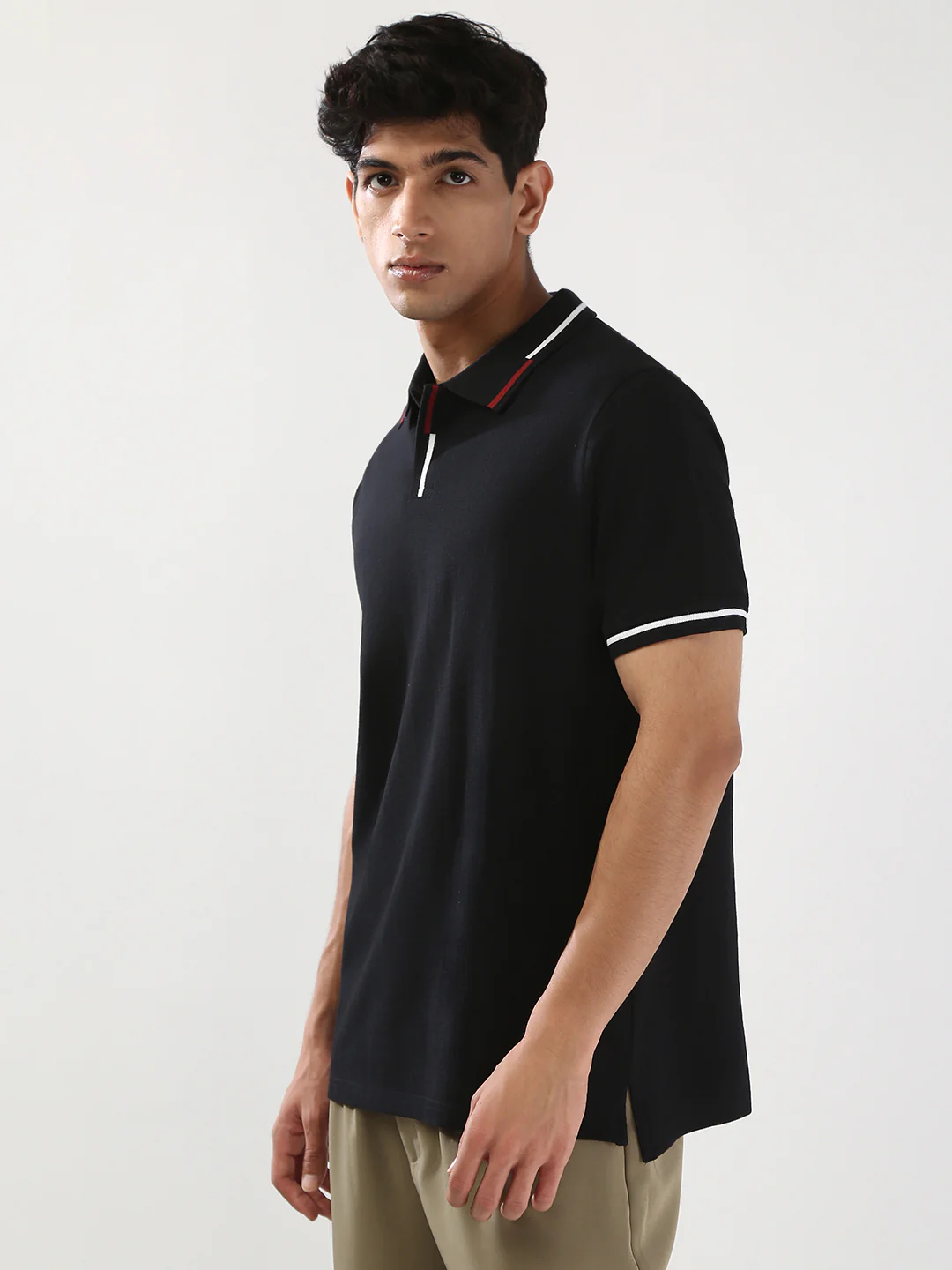 Men's Black Solid Regular Fit Half Sleeve Cotton Polo T-Shirt - Image 2