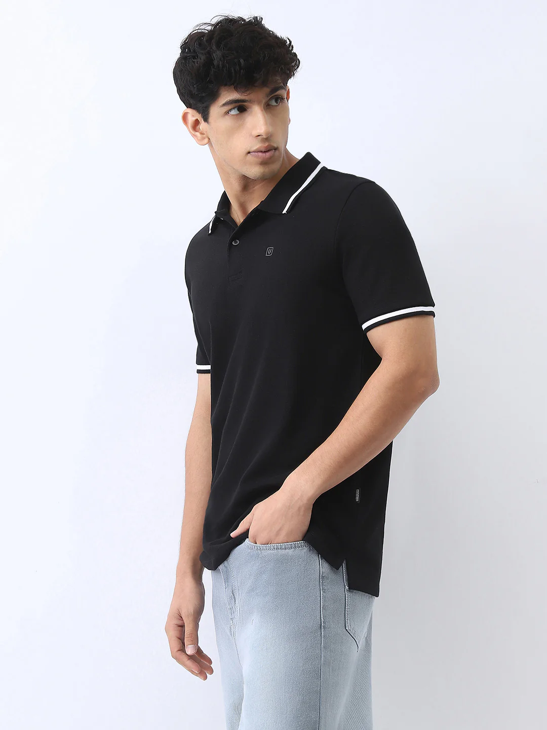 Men's Black Solid Regular Fit Half Sleeve Cotton Polo T-Shirt - Image 2
