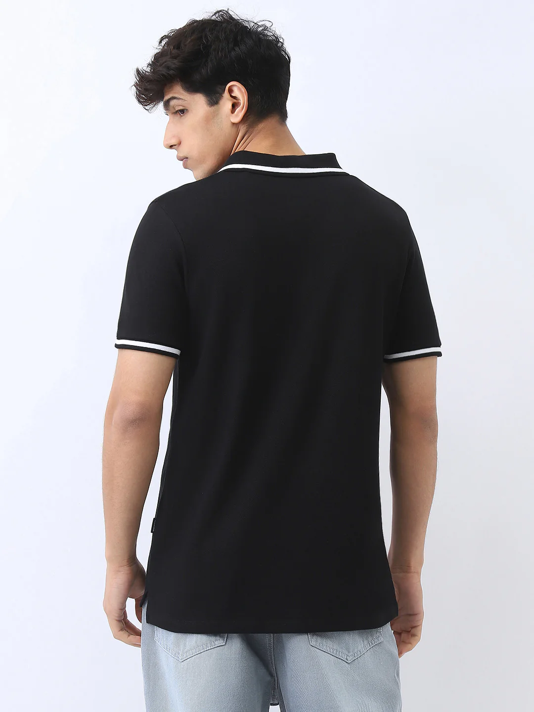 Men's Black Solid Regular Fit Half Sleeve Cotton Polo T-Shirt - Image 3