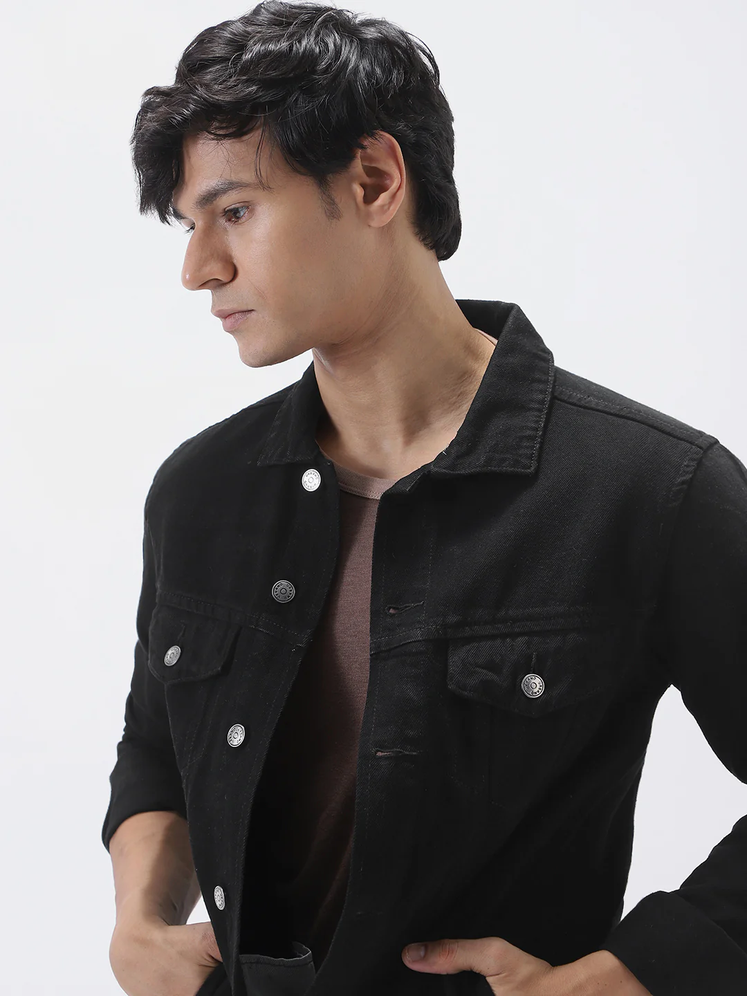 Men's Black Solid Regular Fit Washed Full Sleeve Denim Jacket - Image 6