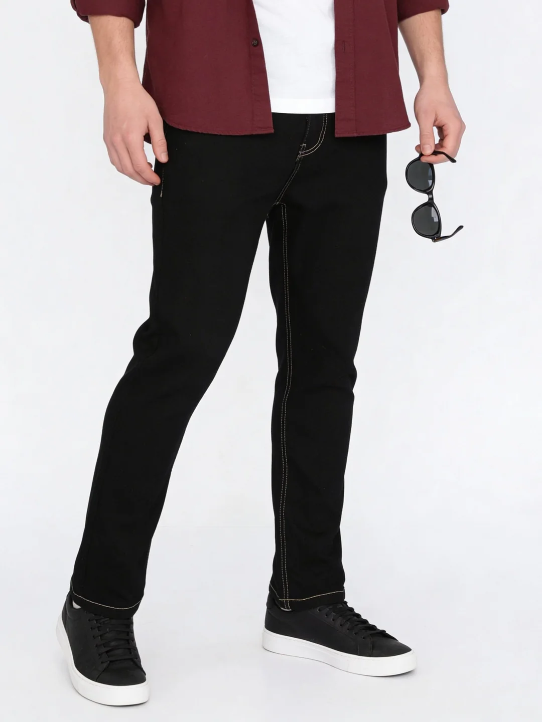Men's Black Straight Fit Raw Washed Denim Jeans Stretchable