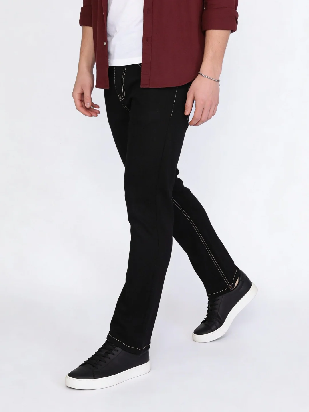 Men's Black Straight Fit Raw Washed Denim Jeans Stretchable - Image 2