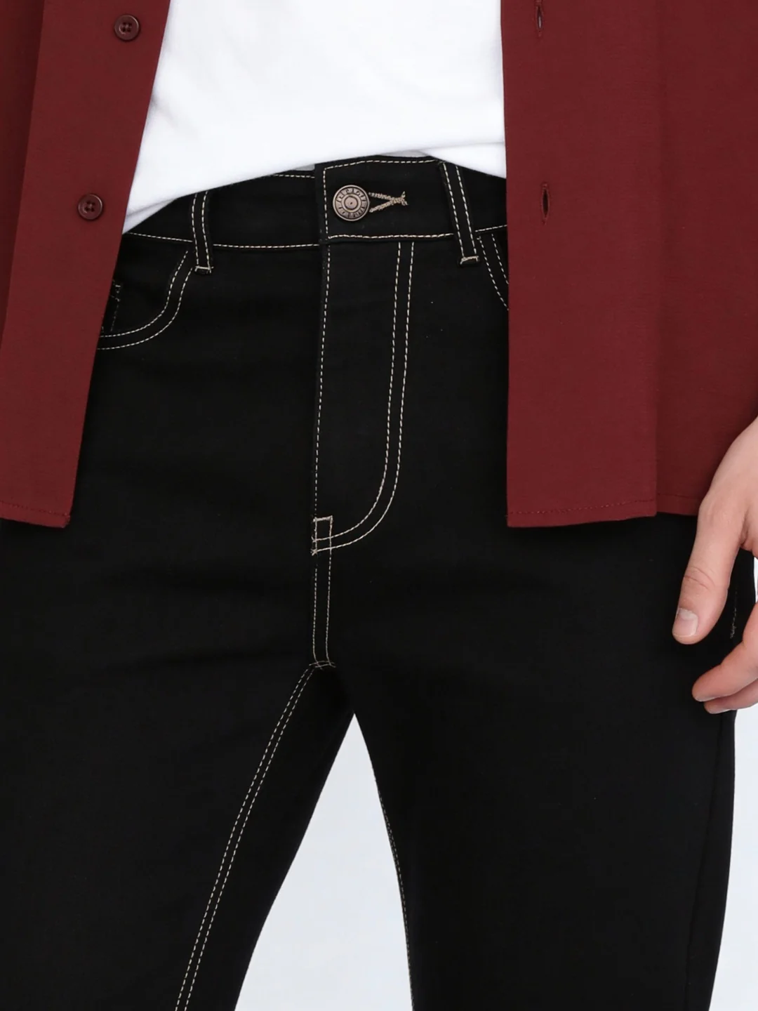 Men's Black Straight Fit Raw Washed Denim Jeans Stretchable - Image 5