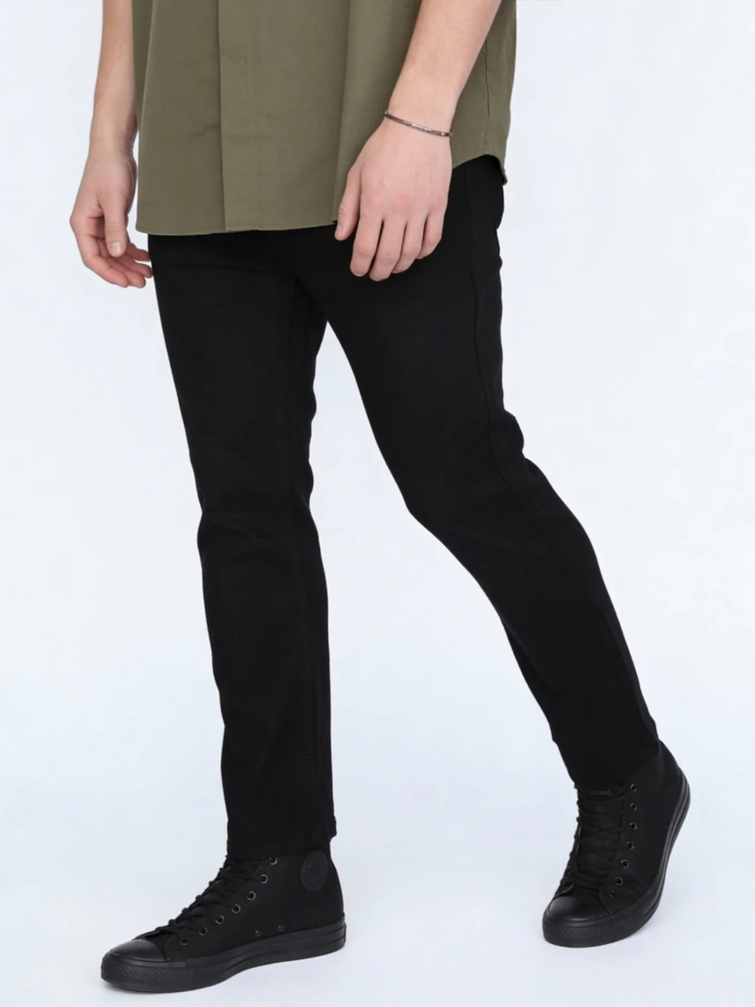 Men's Black Straight Fit Raw Washed Denim Jeans Stretchable - Image 2
