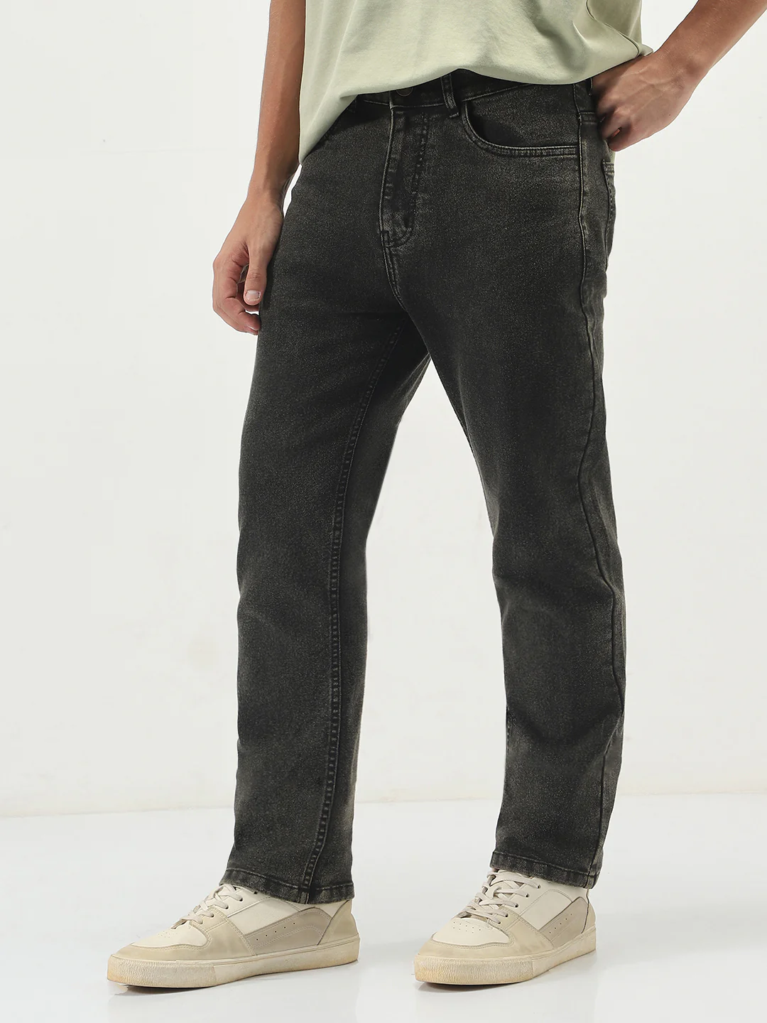 Men's Black Straight Fit Heavy Washed Jeans Stretchable - Image 2