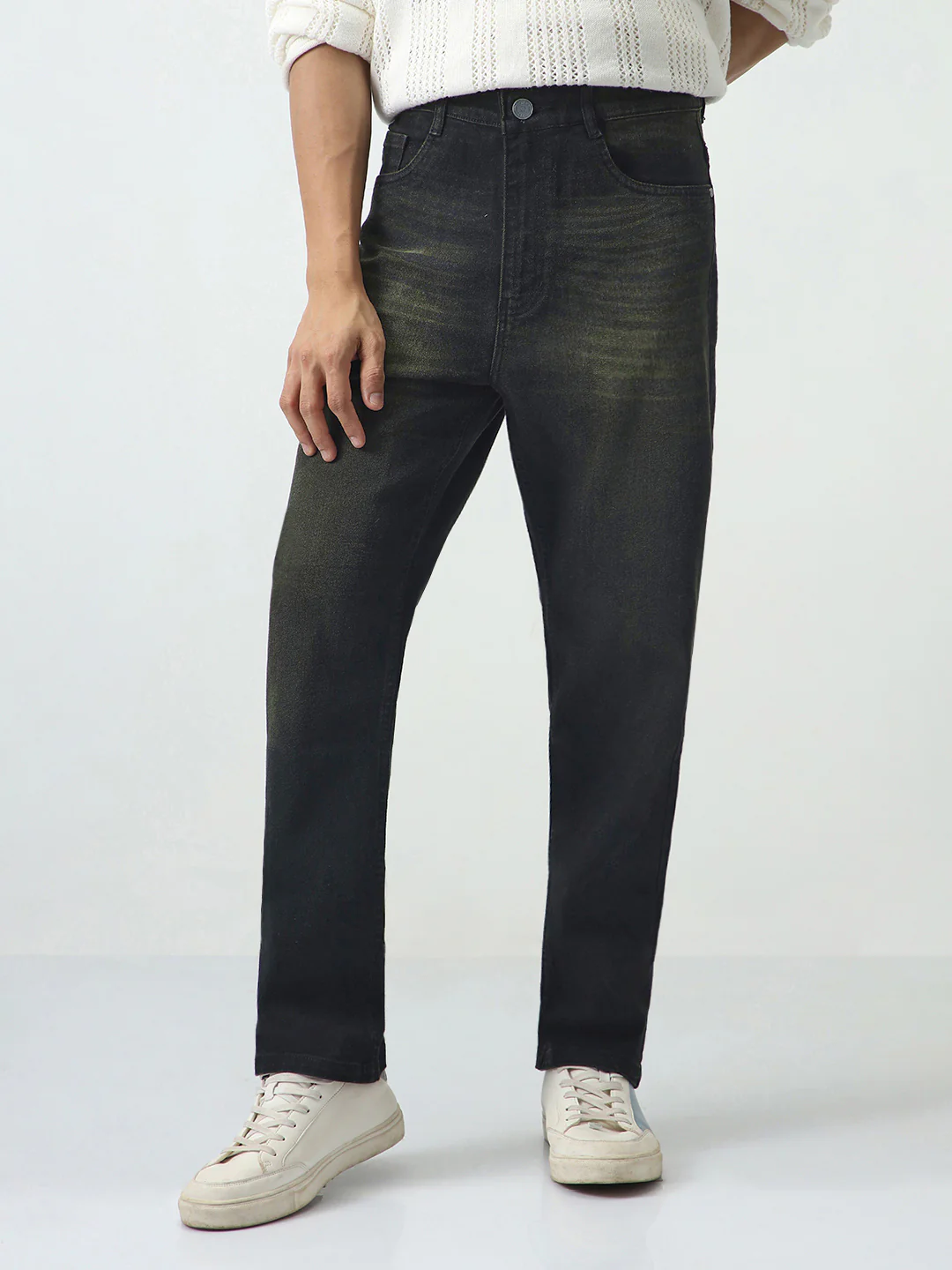 Men's Black Straight Fit Heavy Washed Jeans Stretchable