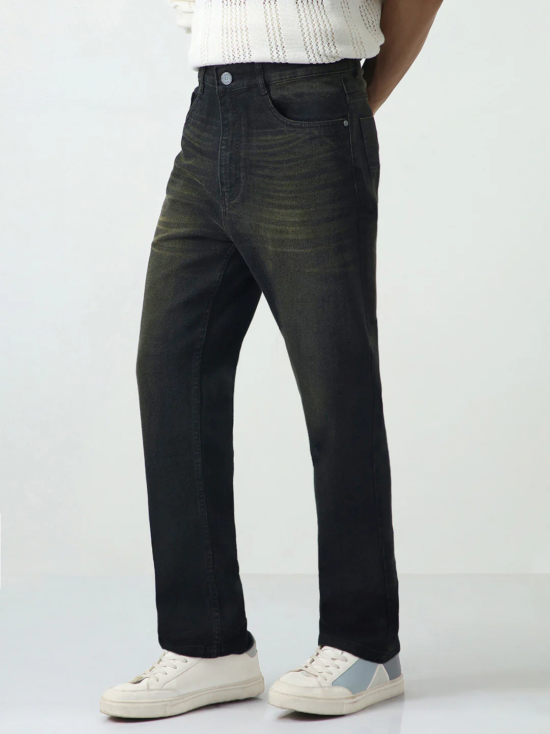 Men's Black Straight Fit Heavy Washed Jeans Stretchable - Image 2