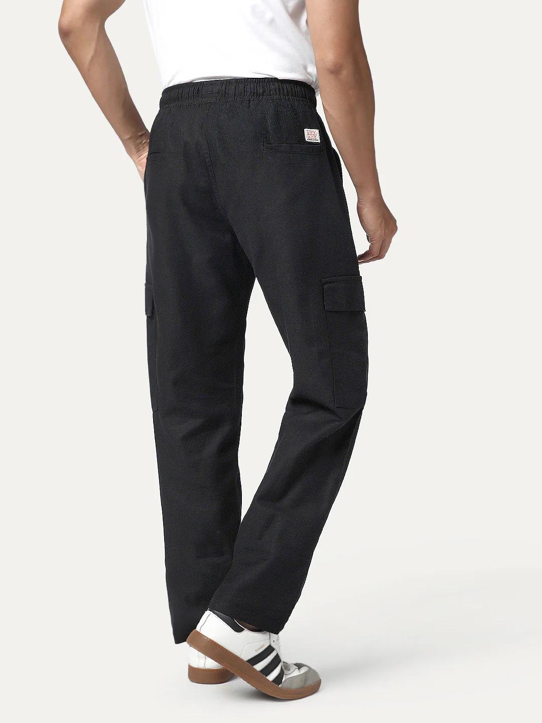 Men's Black Straight Fit Linen Cargo Pants with 6 Pockets - Image 3