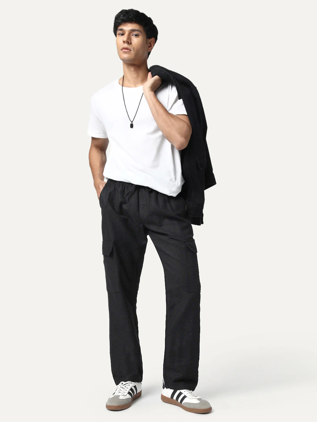 Men's Black Straight Fit Linen Cargo Pants with 6 Pockets - Image 4