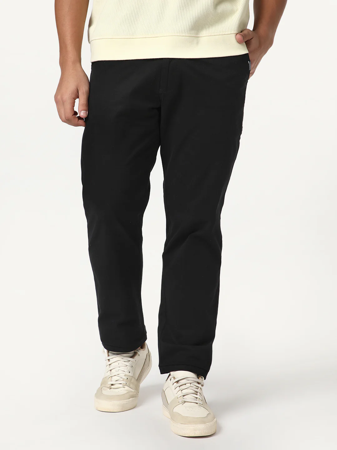 Men's Black Straight Fit Mid Rise Cotton Casual Chinos Trousers Stretch