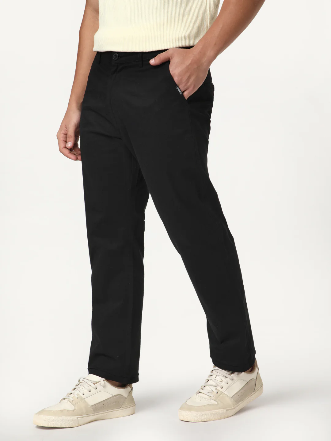 Men's Black Straight Fit Mid Rise Cotton Casual Chinos Trousers Stretch - Image 2