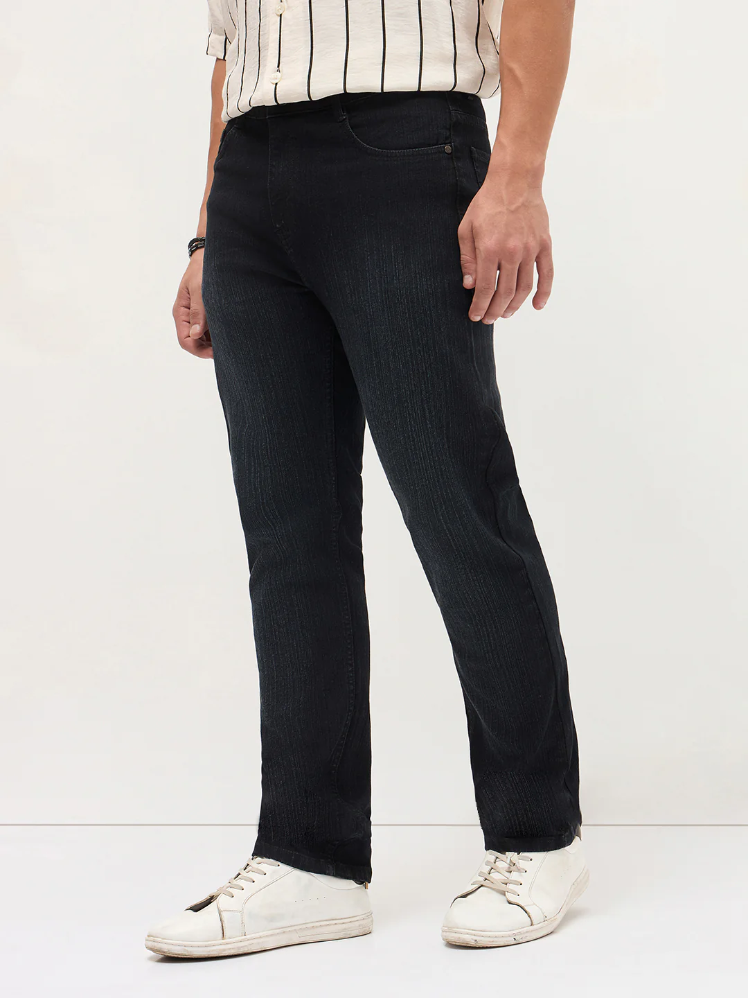 Men's Black Straight Fit Washed Denim Jeans Stretchable - Image 3