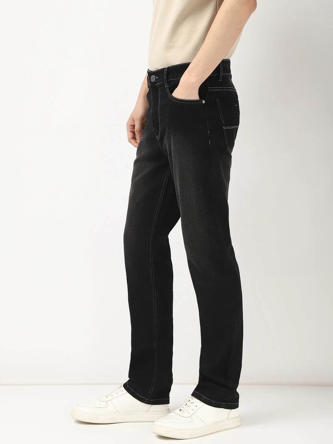 Men's Black Straight Fit Washed Jeans Stretchable - Image 3