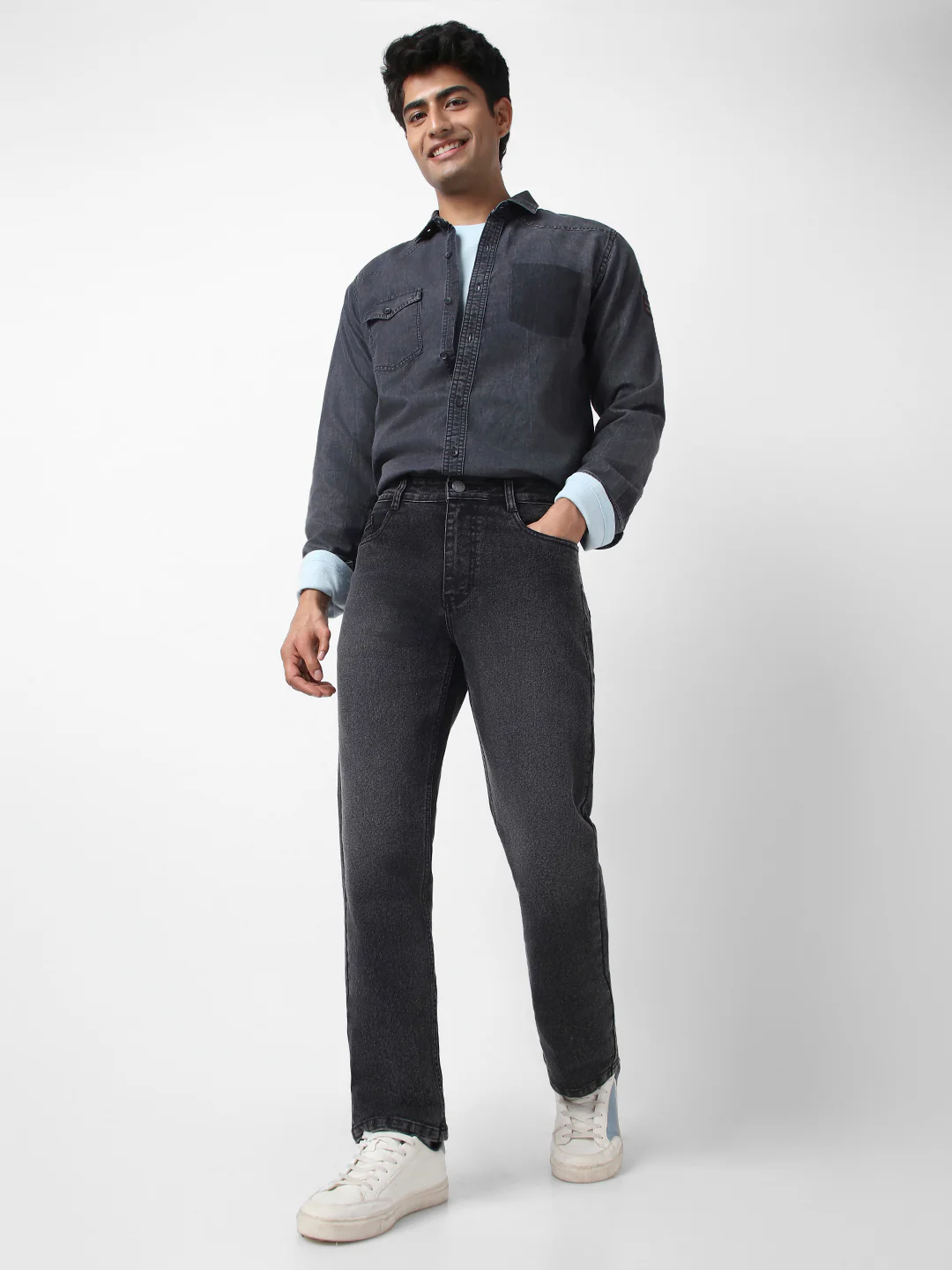 Men's Black Straight Fit Washed Jeans Stretchable - Image 4