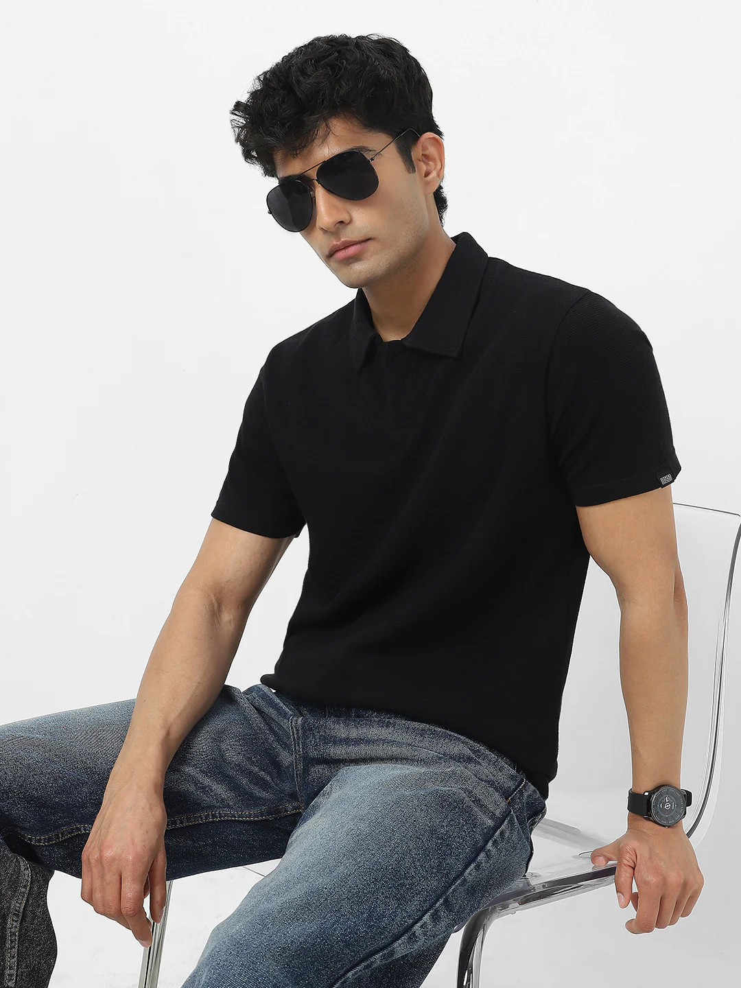 Men's Black Textured Regular Fit Half Sleeve Cotton Polo T-Shirt - Image 2