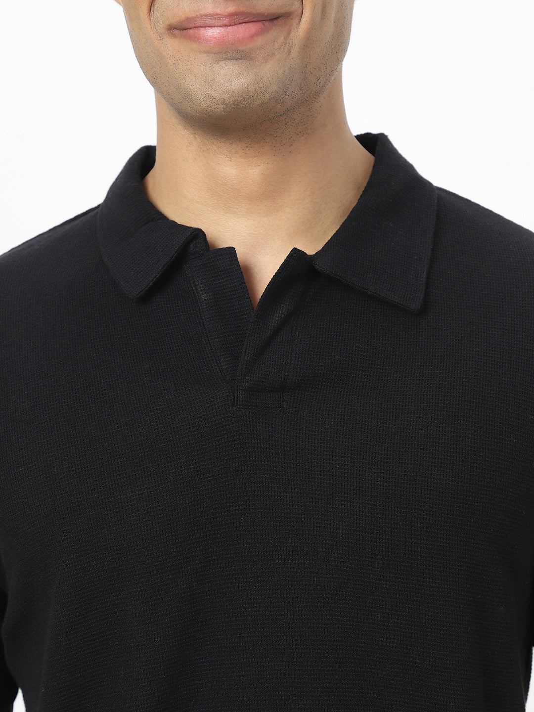 Men's Black Textured Regular Fit Half Sleeve Cotton Polo T-Shirt - Image 3