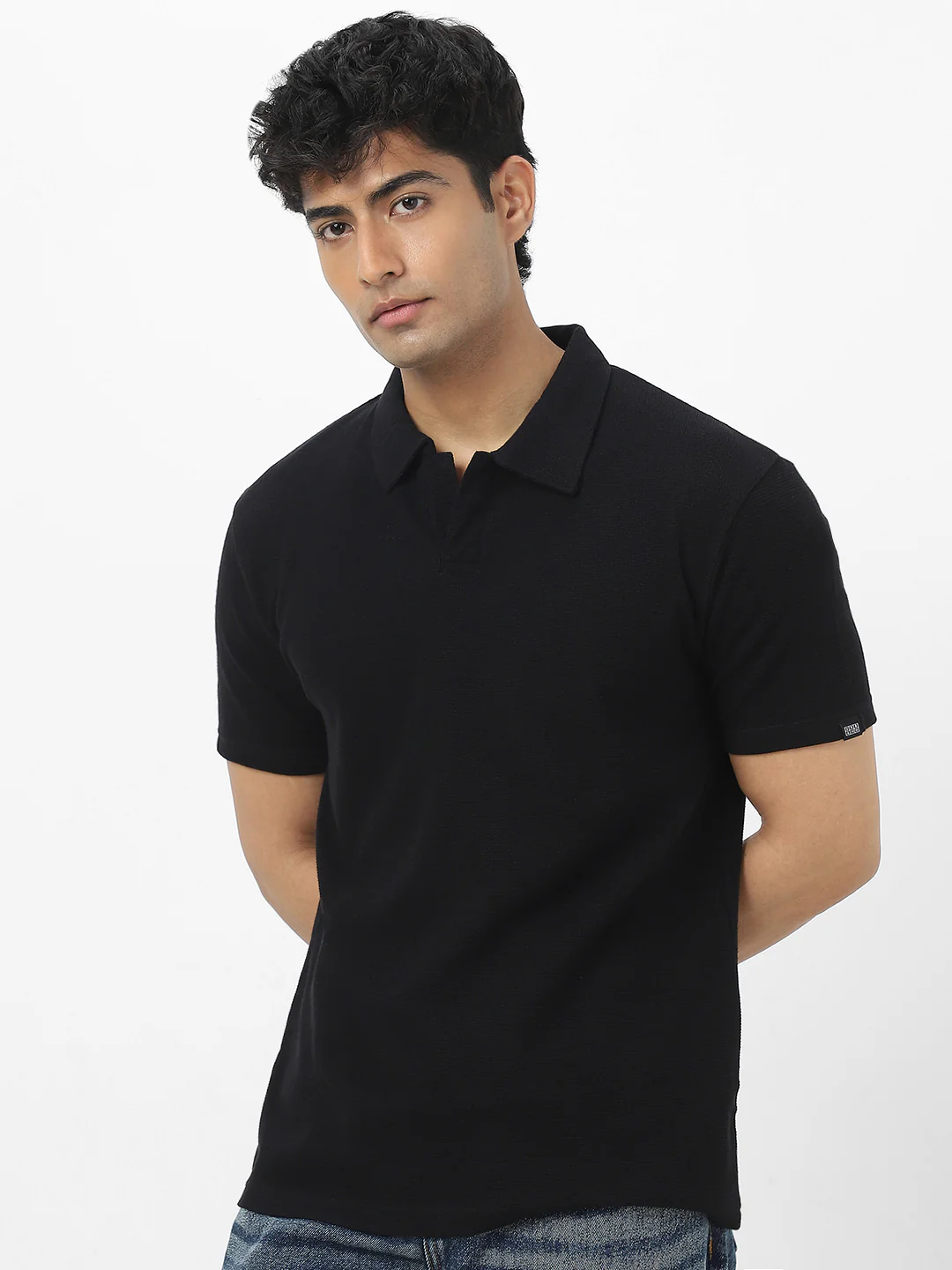 Men's Black Textured Regular Fit Half Sleeve Cotton Polo T-Shirt - Image 4