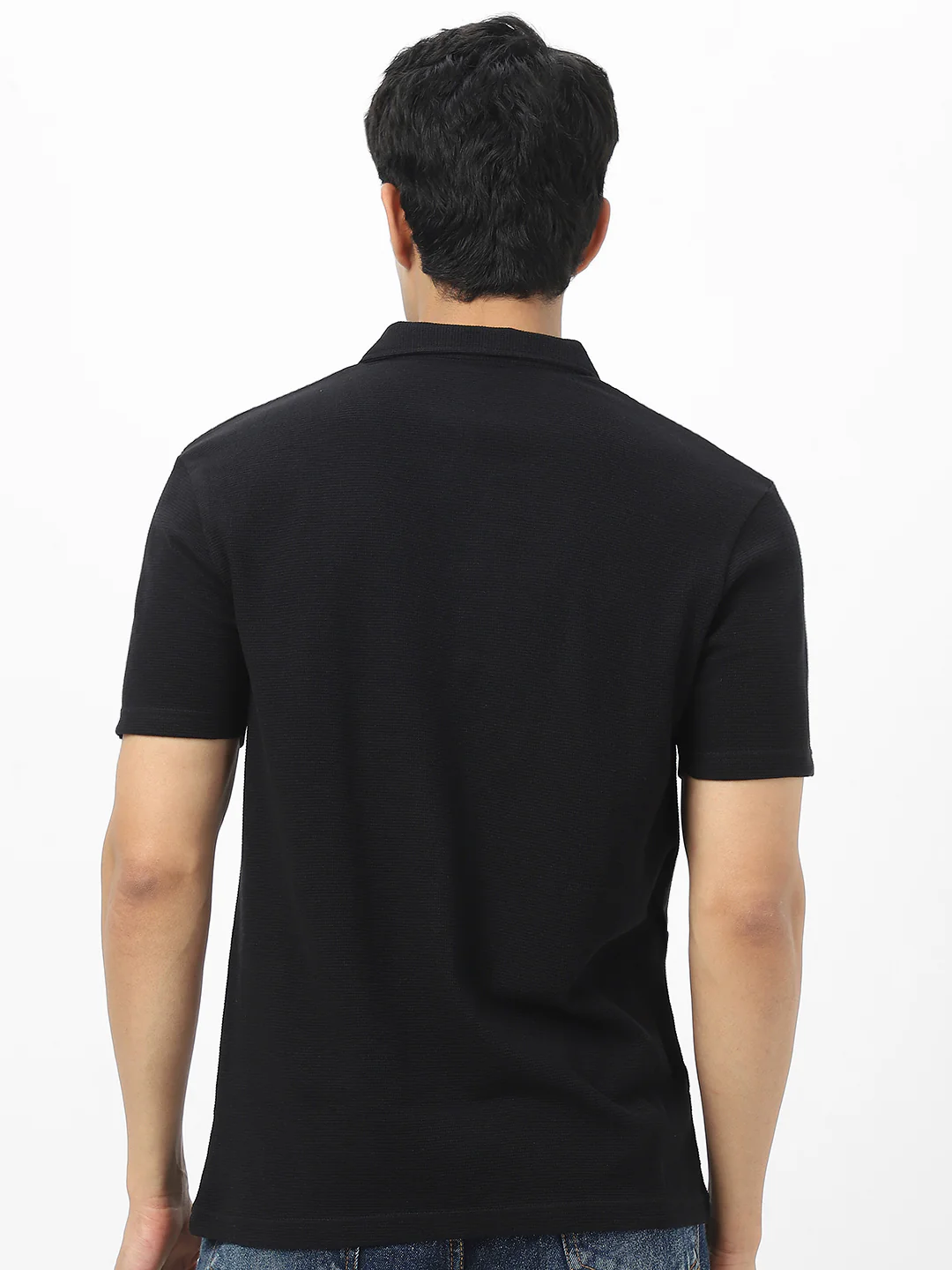 Men's Black Textured Regular Fit Half Sleeve Cotton Polo T-Shirt - Image 5