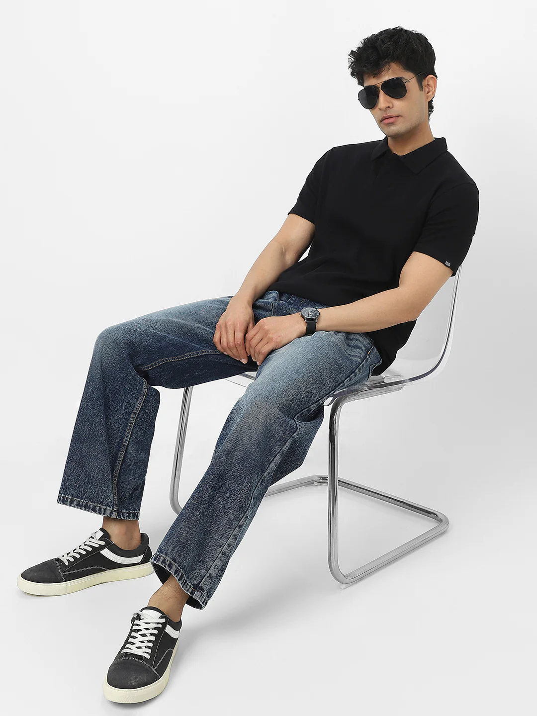 Men's Black Textured Regular Fit Half Sleeve Cotton Polo T-Shirt - Image 6