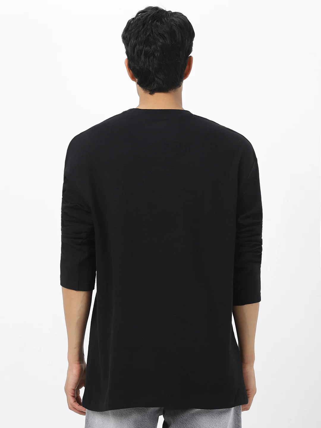 Men's Black Textured Round Neck Oversized Full Sleeve Cotton T-Shirt - Image 5