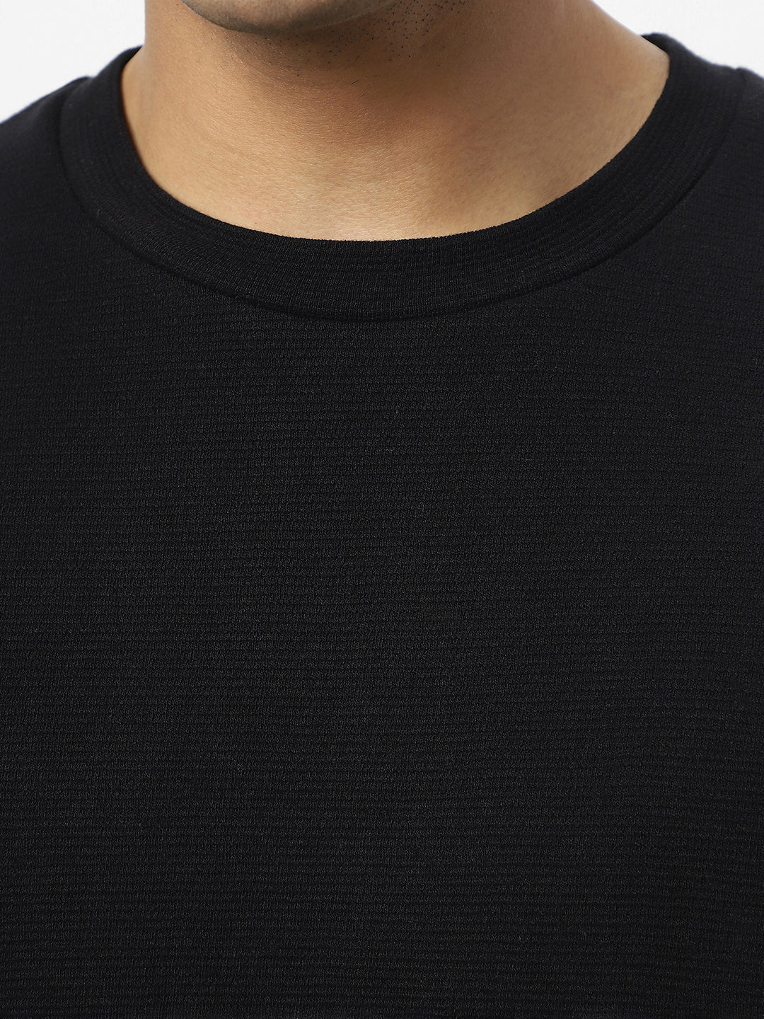 Men's Black Textured Round Neck Oversized Half Sleeve Cotton T-Shirt - Image 6