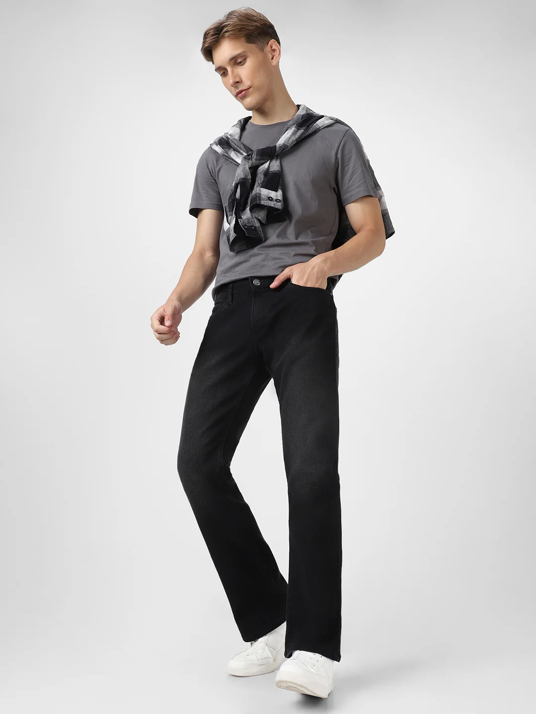 Men's Black Washed Bootcut Jeans Stretchable - Image 4