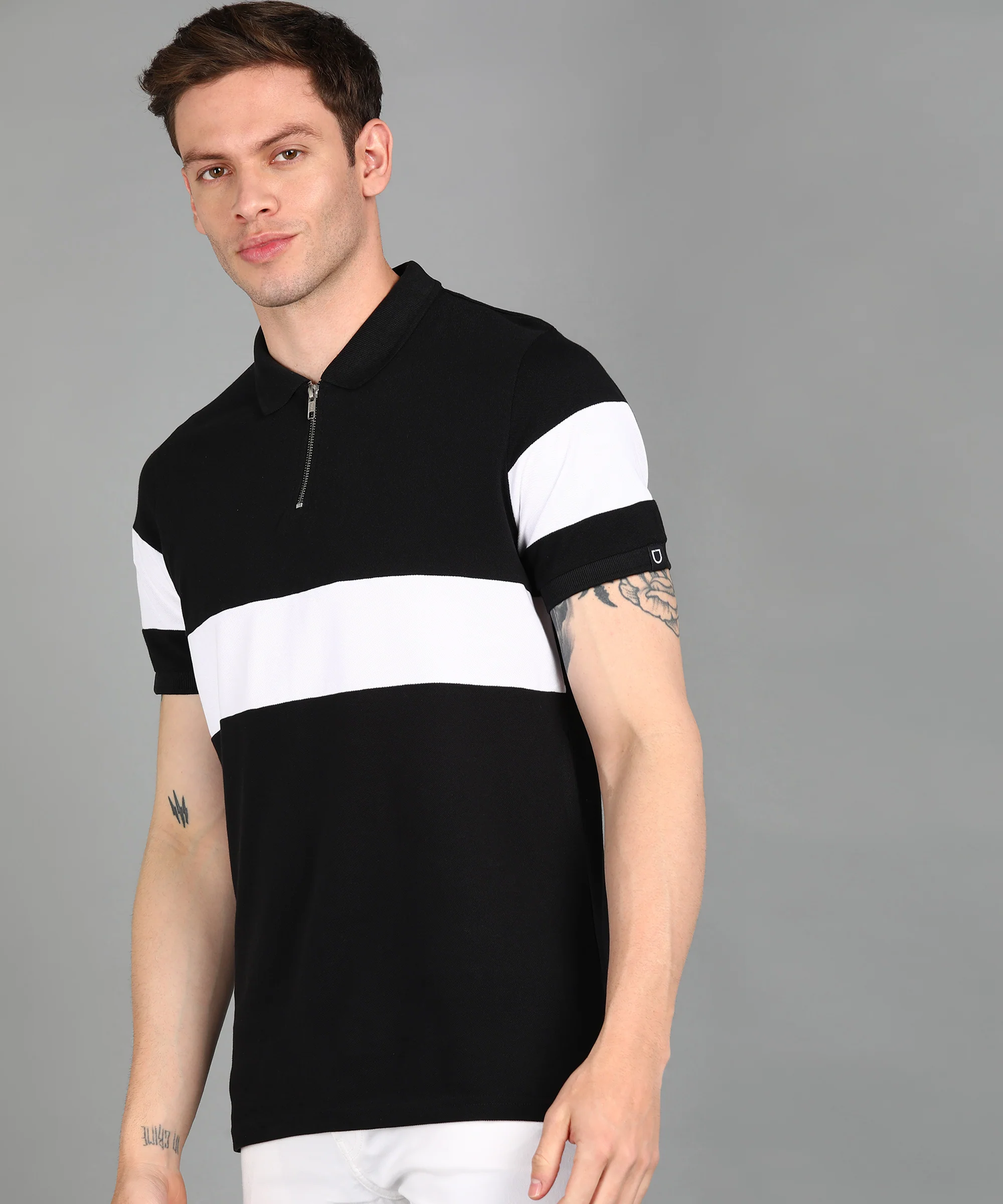 Men's Black, White Colour-Block Slim Fit Half Sleeve Cotton Polo T-Shirt - Image 2