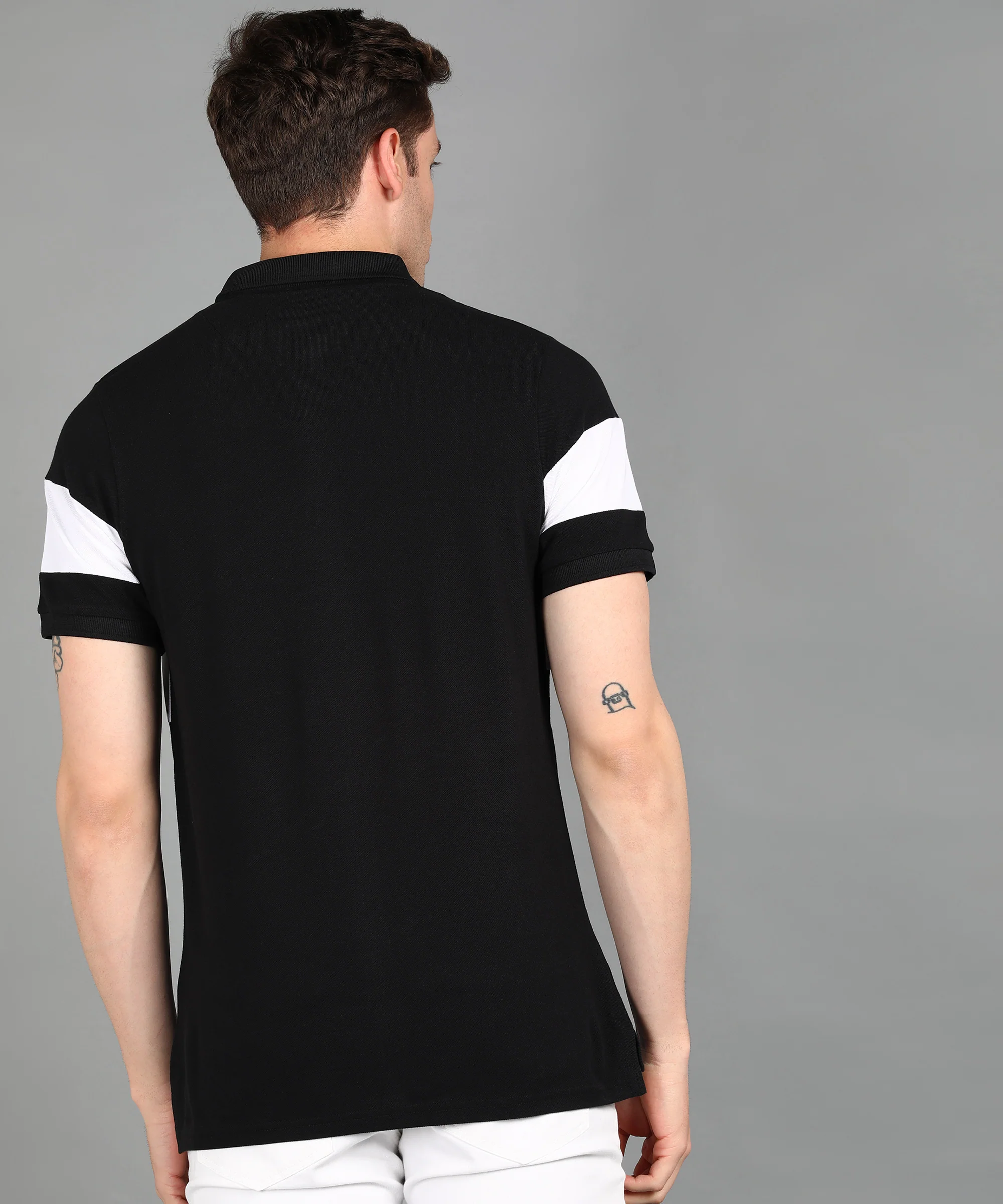 Men's Black, White Colour-Block Slim Fit Half Sleeve Cotton Polo T-Shirt - Image 3
