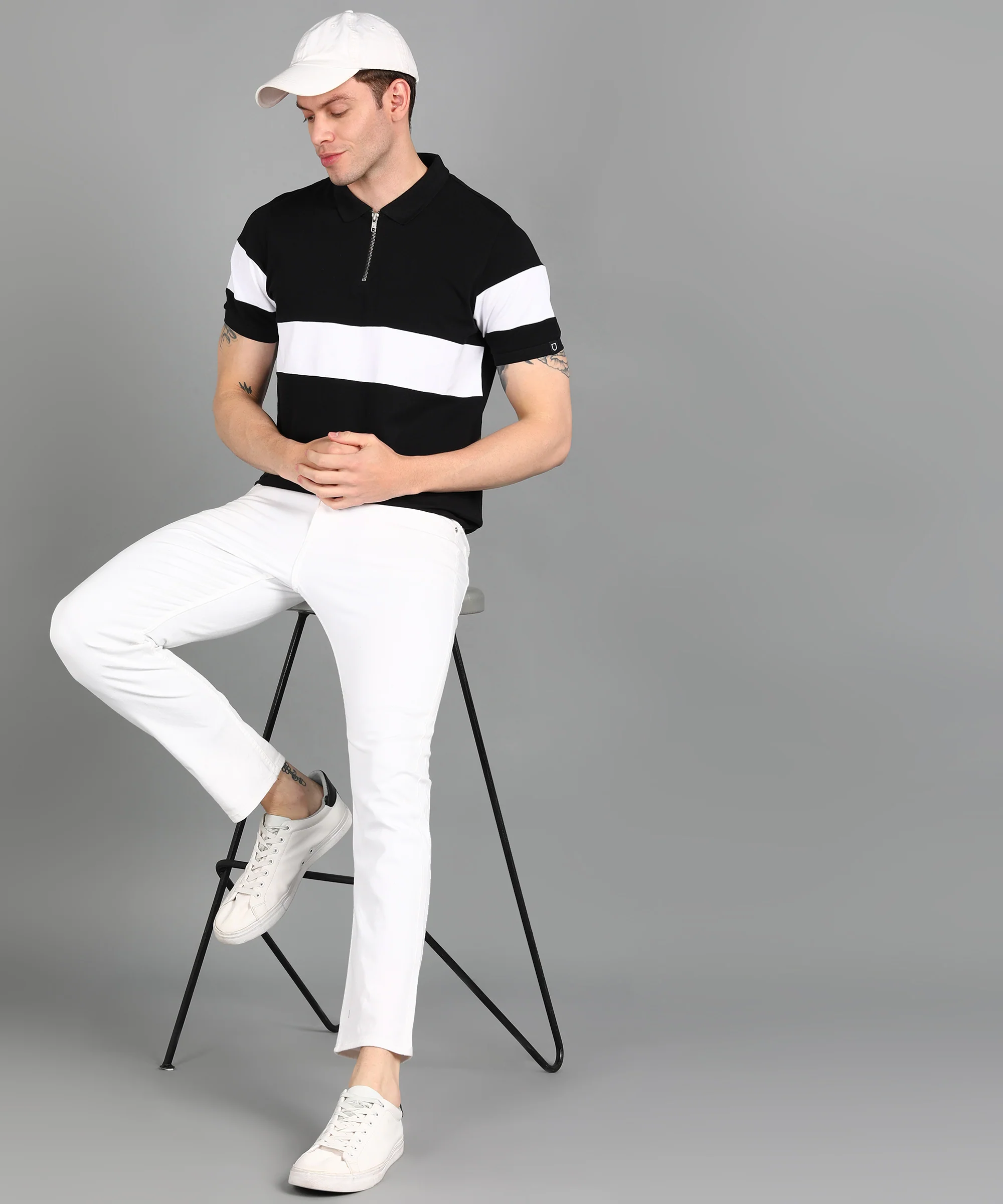Men's Black, White Colour-Block Slim Fit Half Sleeve Cotton Polo T-Shirt - Image 4