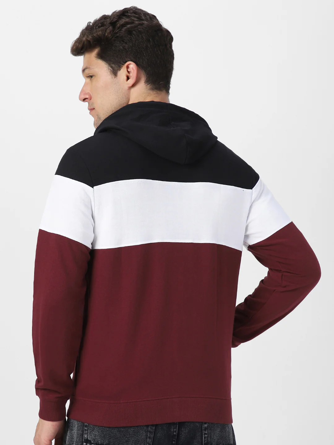 Men's Black, White, Maroon Color Block Cotton Zippered Hooded Sweatshirt - Image 3