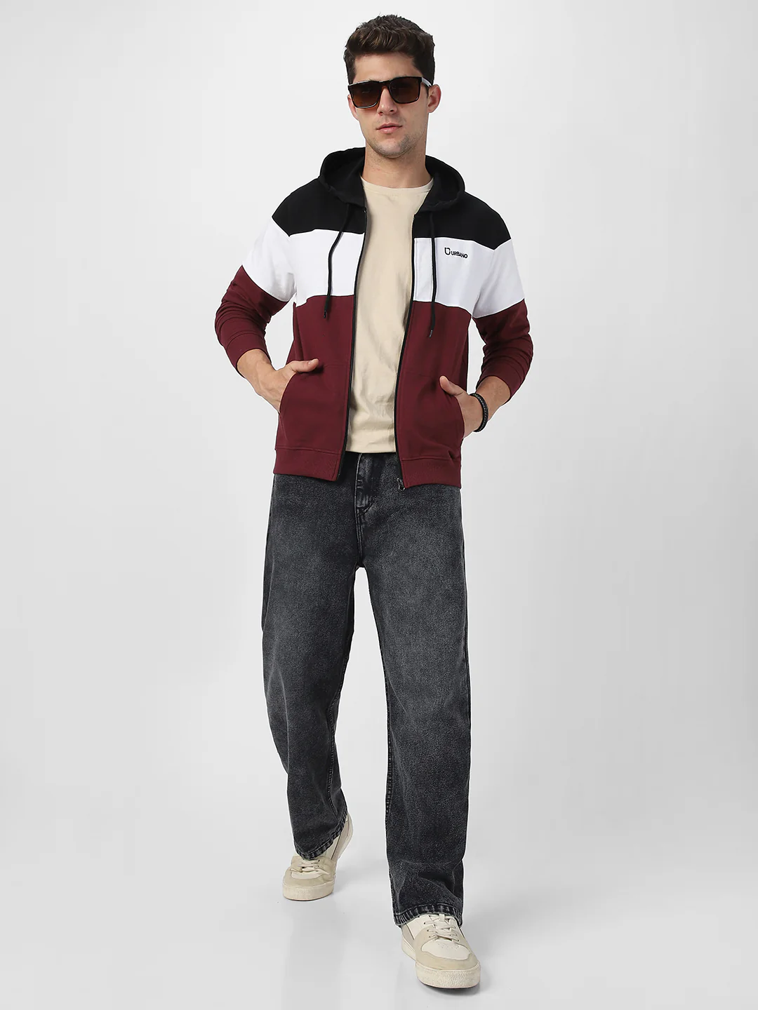 Men's Black, White, Maroon Color Block Cotton Zippered Hooded Sweatshirt - Image 4
