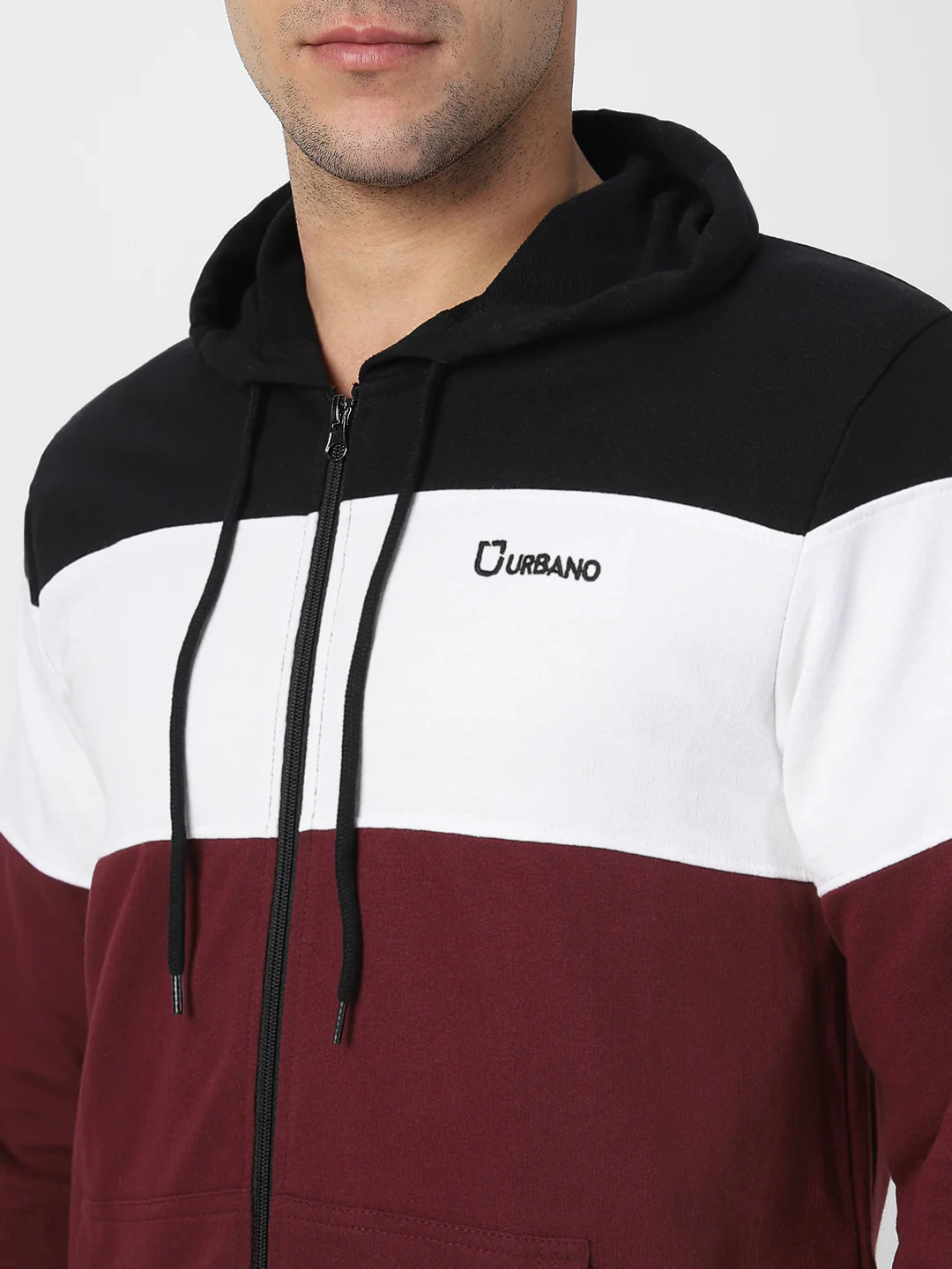 Men's Black, White, Maroon Color Block Cotton Zippered Hooded Sweatshirt - Image 5