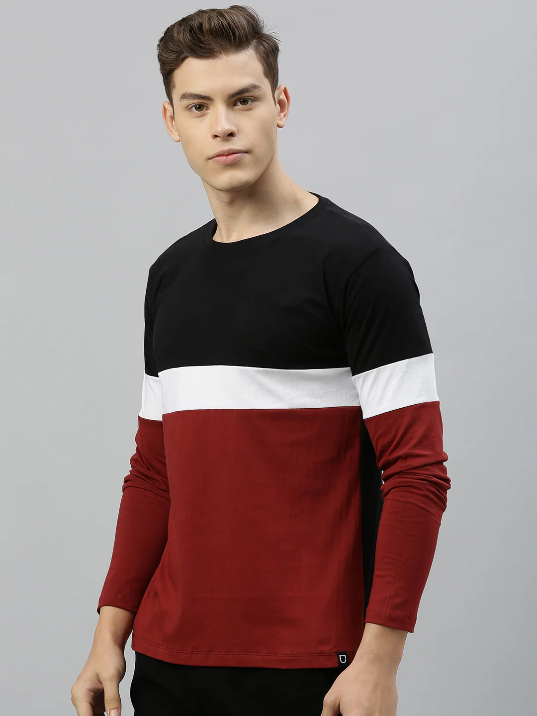 Men's Black, White, Maroon Full Sleeve Round Neck Cotton T-Shirt - Image 2