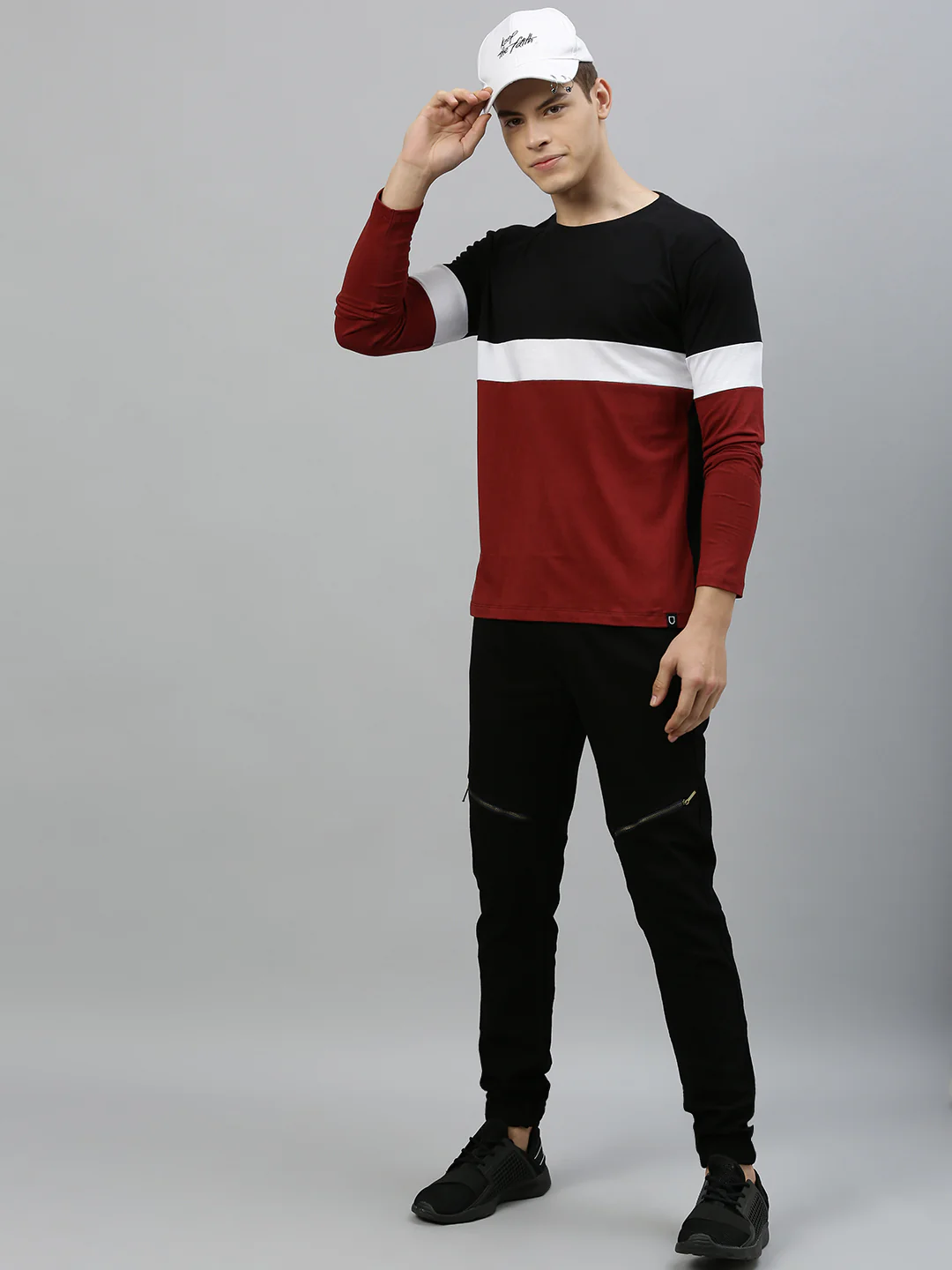 Men's Black, White, Maroon Full Sleeve Round Neck Cotton T-Shirt - Image 4