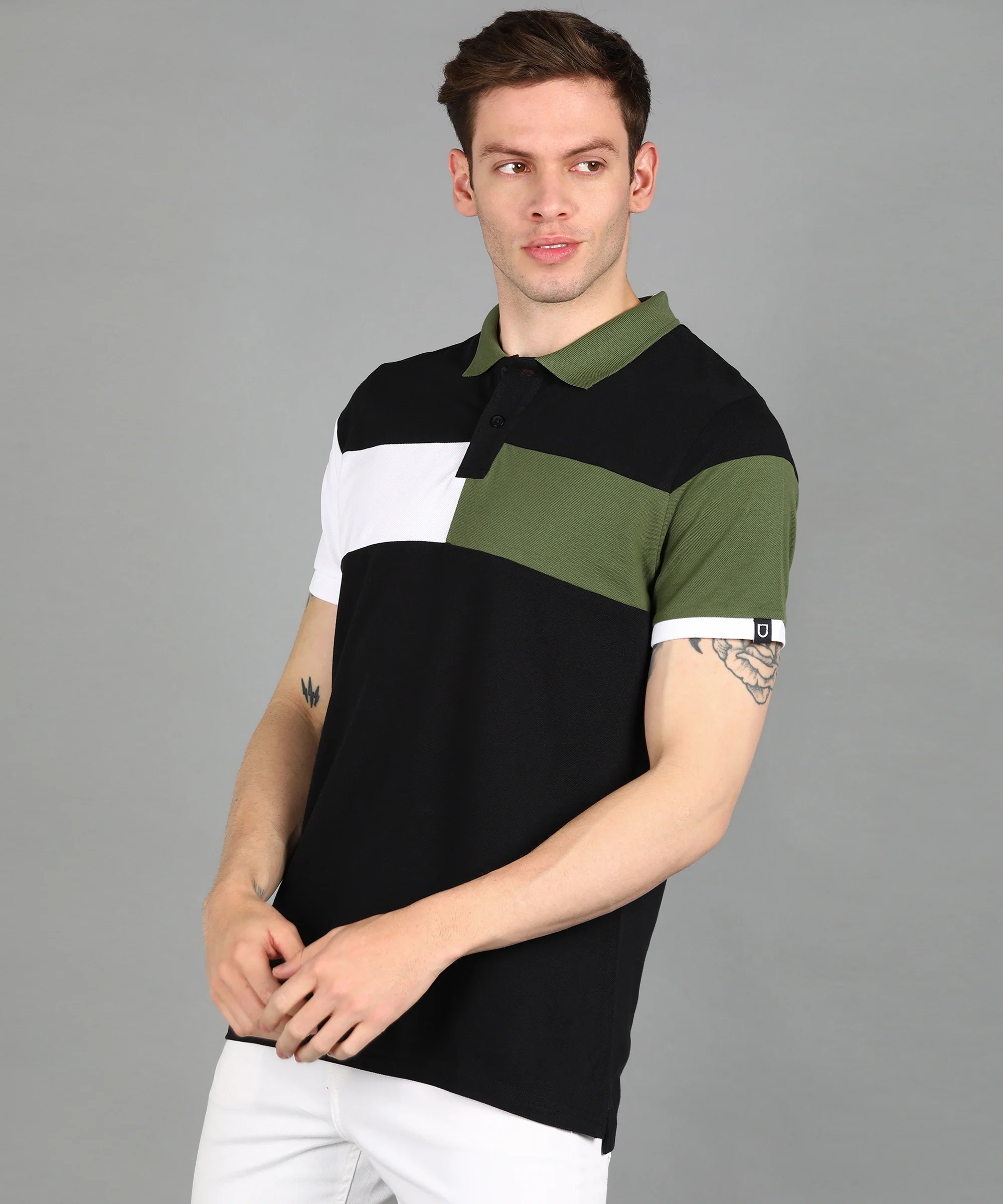 Men's Black, White, Olive Colour-Block Slim Fit Half Sleeve Cotton Polo T-Shirt - Image 2