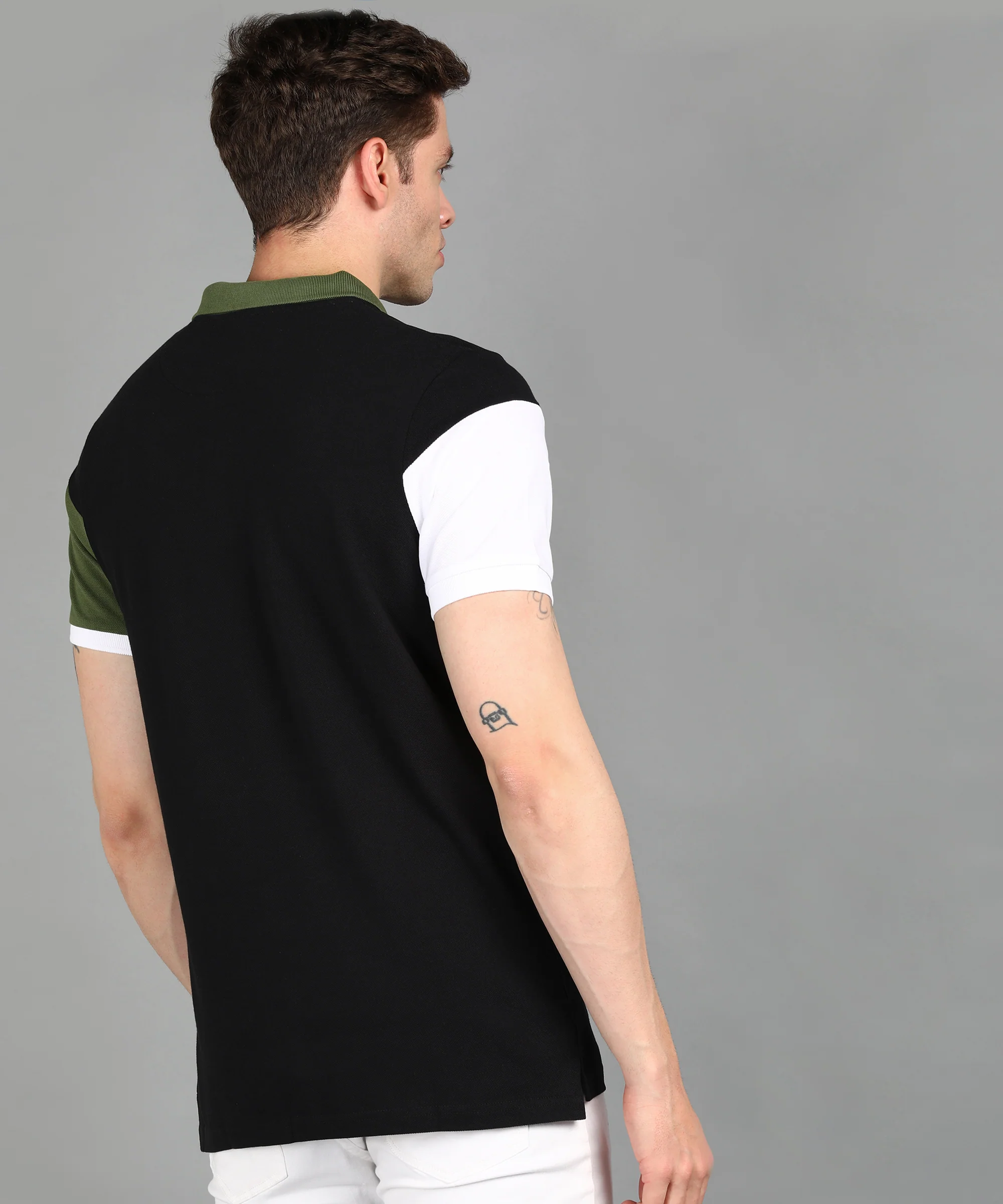 Men's Black, White, Olive Colour-Block Slim Fit Half Sleeve Cotton Polo T-Shirt - Image 3
