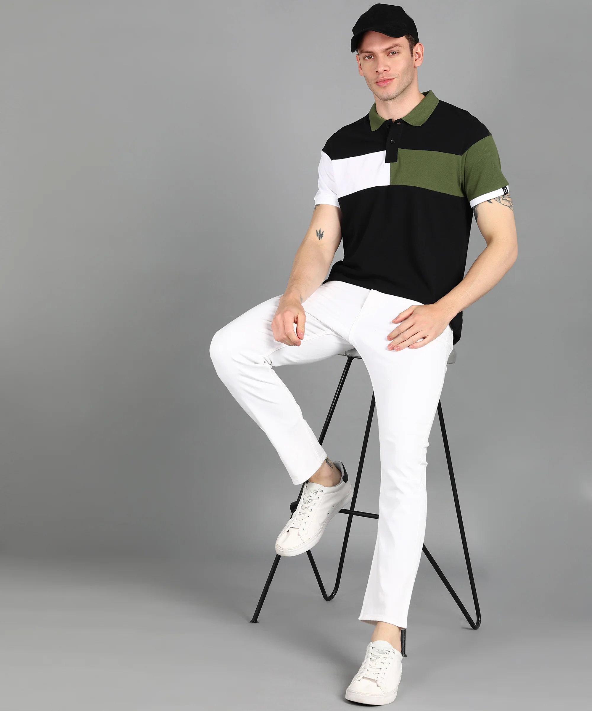 Men's Black, White, Olive Colour-Block Slim Fit Half Sleeve Cotton Polo T-Shirt - Image 4